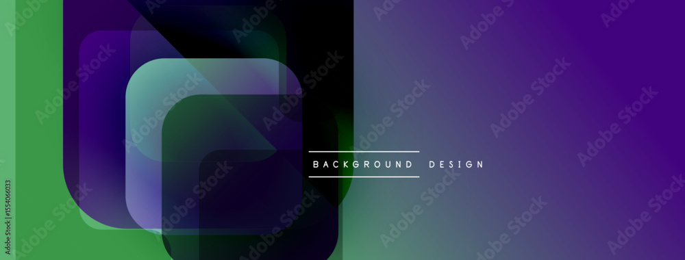 Poster abstract geometric shapes overlap, creating vibrant color gradients. design features purple, green, 