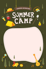 Summer camp poster template with blank space and fun camping icons like tent fire guitar compass and marshmallow on dark green background