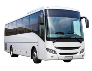  Front-side view of modern white bus with large panoramic windows, isolated on transparent background PNG