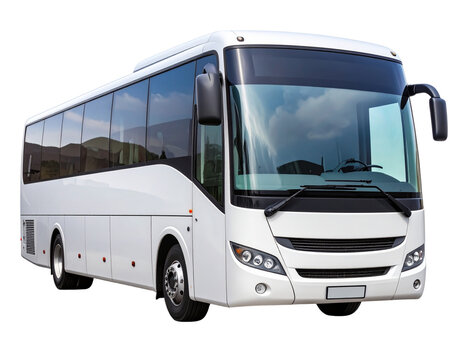  Front-side view of modern white bus with large panoramic windows, isolated on transparent background PNG