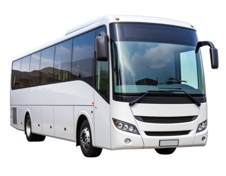  Front-side view of modern white bus with large panoramic windows, isolated on transparent background PNG
