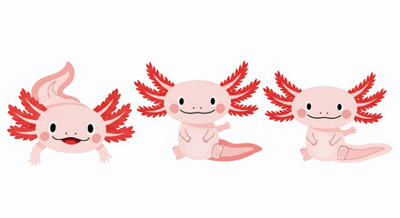 This charming illustration features three cute pink axolotl cartoon characters with bright red gills, posed cheerfully on a clean white background. These adorable aquatic amphibians are perfect for