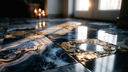 Detailed close-up of a patterned, glossy tile floor, with golden accents and reflections
