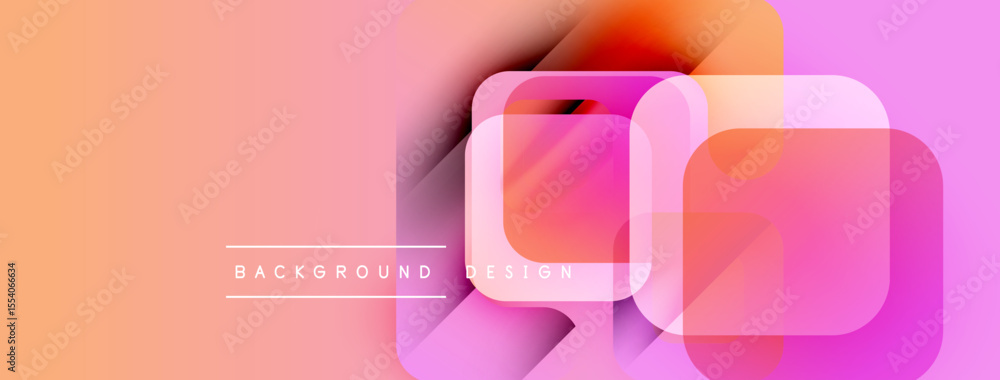 Poster abstract geometric shapes overlap, creating vibrant color gradients. peach, pink hues dominate desig