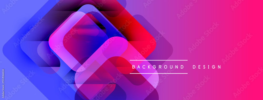 Poster abstract geometric shapes overlap, creating vibrant gradient effect. blue transitions to pink, moder