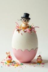 Whimsical Easter Treat A dapper bunny figurine nestled in a pastel egg-shaped confection, surrounded by colorful sprinkles and miniature cupcakes.