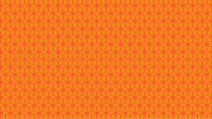An orange background with a red geometric pattern of repeating cubes forming a honeycomb structure