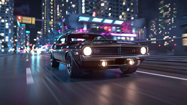Classic Black Muscle Car Racing Through Neon City Streets at Night with ai generated
