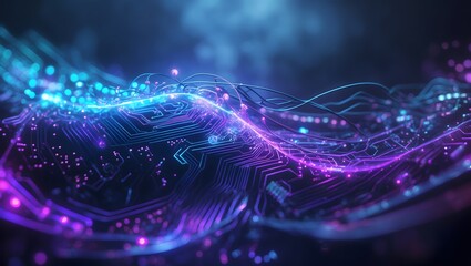 Digital Wave of Innovation: Dynamic blue and purple neon circuits dance across the frame, a visual symphony of technological advancement, representing the essence of connectivity.