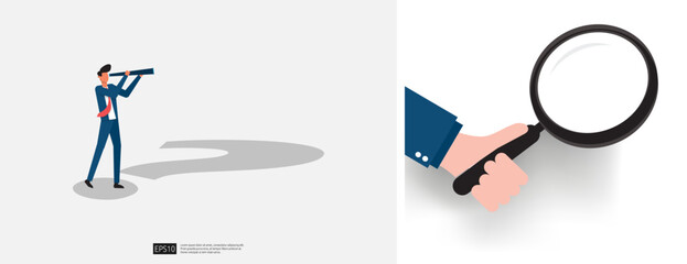 Businessman in Suit Using a Telescope to Explore Future Opportunities and Strategic Vision in an Abstract Landscape. Businessman character vector illustration