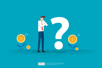 Businessman Contemplating Over Financial Decisions Surrounded By Flowering Coins On A Turquoise Background. Investment Inquiry and Financial Exploration vector illustration