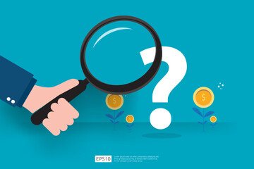 Hand Holding Magnifying Glass Over Large Question Mark and Coins on Teal Background Representing Investment Inquiry and Financial Exploration vector illustration