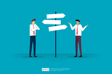 Two Businessmen Discussing Directions and Choices Beside a Signpost in a Blue Background. investment Inquiry and Financial Exploration vector illustration