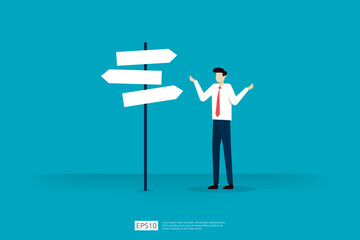 Businessman Standing in Front of Directional Signpost Representing Choices and Decisions in Professional Context. Businessman character vector illustration