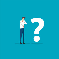 Male Professional in Suit Contemplating a Question Mark Representing Uncertainty in a Corporate Environment. Businessman character vector illustration