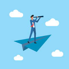 Business Professional Standing on a Paper Plane Using a Telescope to Explore Opportunities in a Bright Sky. Businessman character vector illustration