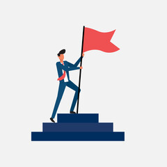 Businessman Standing on Steps Holding Red Flag in a Gesture of Achievement and Motivation for Success and Leadership. Businessman character vector illustration