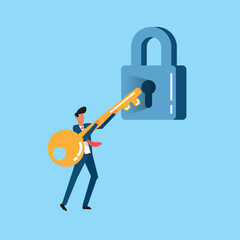 Man Unlocking a Padlock with a Large Golden Key Representing Security and Access Solutions in a Business Context. Businessman character vector illustration