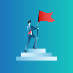 Businessman Standing on Steps Holding a Red Flag Symbolizing Success and Achievement in a Professional Environment. Businessman character vector illustration