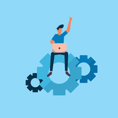 Man Celebrating Success While Using Laptop Surrounded by Gear Elements on a Bright Blue Background