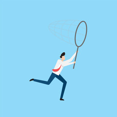 Businessman Running With a Net in an Animated Style on a Blue Background. Businessman character vector illustration