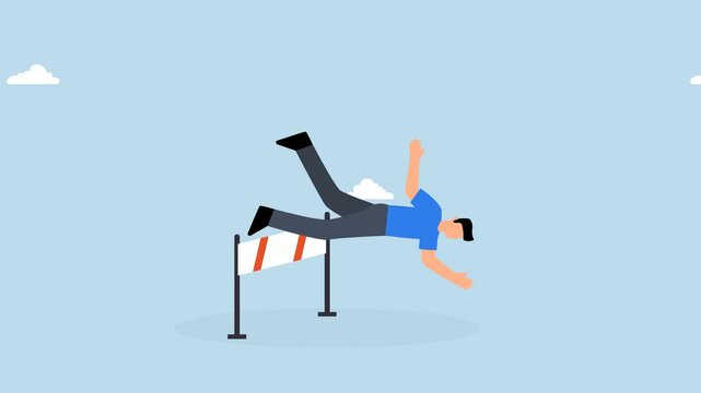 4k animation of frustrated businessman does not jump over hurdle and fall to the ground.
