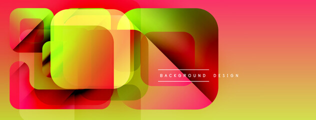 Abstract geometric shapes overlap, creating vibrant color gradients. Design features warm tones, yellow, red, green hues. Modern aesthetic.