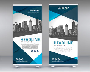 Modern design of roll-up advertising stand, banner template for the exhibition, creative geometric background for photo and text placement.