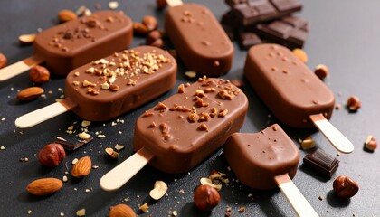 Close up photo chocolate ice cream stick with nut and chocolate topping with good lighting