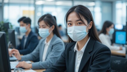 Engaged Professionals Wearing Masks in Office Environment