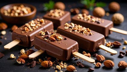 Close up photo chocolate ice cream stick with nut and chocolate topping with good lighting
