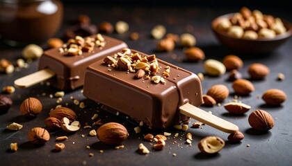 Close up photo chocolate ice cream stick with nut and chocolate topping with good lighting