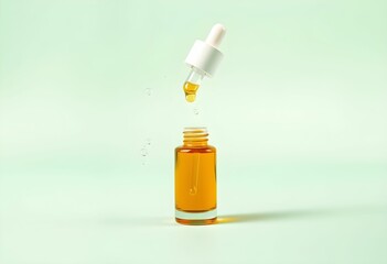 Amber essential oil dripping into a glass bottle against a pale green background.