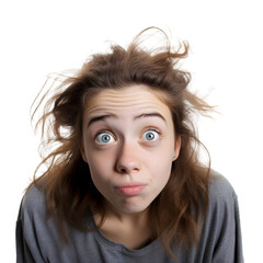 Surprised young woman indoor studio portrait photography unconventional expression close-up view emotional impact