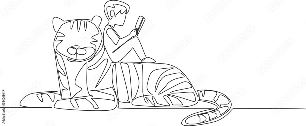 Poster single continuous line drawing boy reading book on cute tiger. the student who is repeating the subj