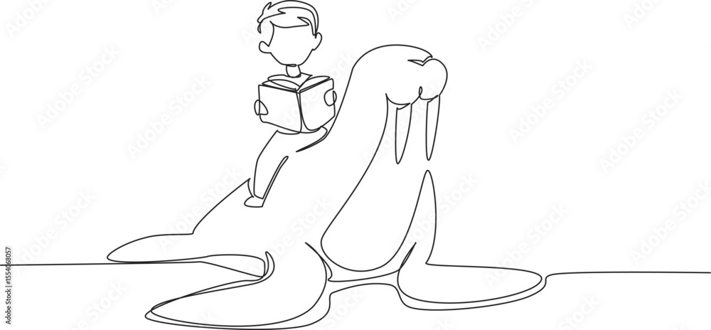 Aufkleber single one line drawing boy reading book on cute walrus. reading while practicing. getting know anim