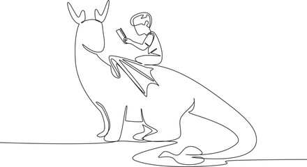 Continuous one line drawing young boy reading book on cute dragon. Delving into old folklore. Myth or fact. Fun. The nerd. Boy Reading Book at Animal Back. Single line draw design vector illustration