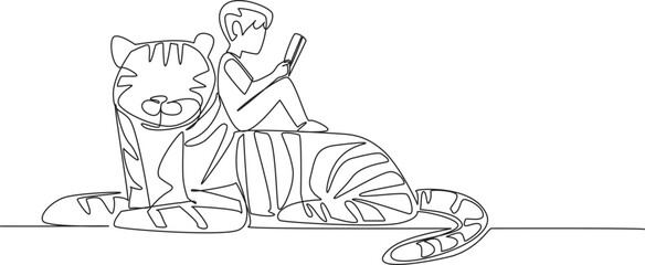 Single continuous line drawing boy reading book on cute tiger. The student who is repeating the subject. Studying. Smart. The nerd. Boy Reading Book at Animal Back. One line design vector illustration