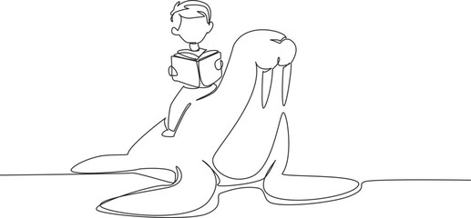 Single one line drawing boy reading book on cute walrus. Reading while practicing. Getting know animal anatomy. The nerd. Boy Reading Book at Animal Back. Continuous line design graphic illustration