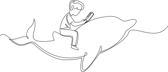 Single continuous line drawing boy reading book on cute dolphin swimming. Studying the intelligence of dolphins comes from. Nerd. Boy Reading Book at Animal Back. One line design vector illustration