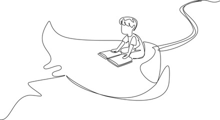 Single continuous line drawing boy reading book on cute stingray swimming. Read about the poisonous tail of the stingray. Beware. Boy Reading Book at Animal Back. One line design vector illustration