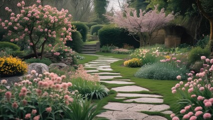 Fototapeta premium Tranquil garden landscape with a stone pathway and blooming flowers