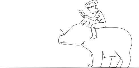 Continuous one line drawing boy reading book on cute rhinoceros. Read about one of the largest remaining megafauna. Nerd. Boy Reading Book at Animal Back. Single line draw design vector illustration