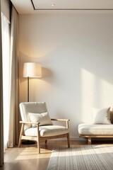 Serene Living Room with a Comfortable Armchair and a Modern Sofa, Bathed in Warm Sunlight