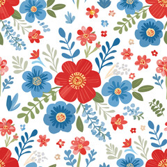 Red and blue naive flowers seamless pattern with green leaves floral