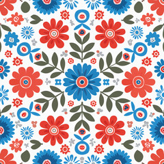 Red and blue naive flowers with green leaves seamless pattern floral folk