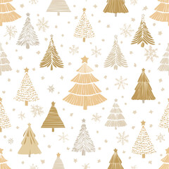 Obraz premium Seamless pattern of gold and beige Christmas trees and snowflakes vector