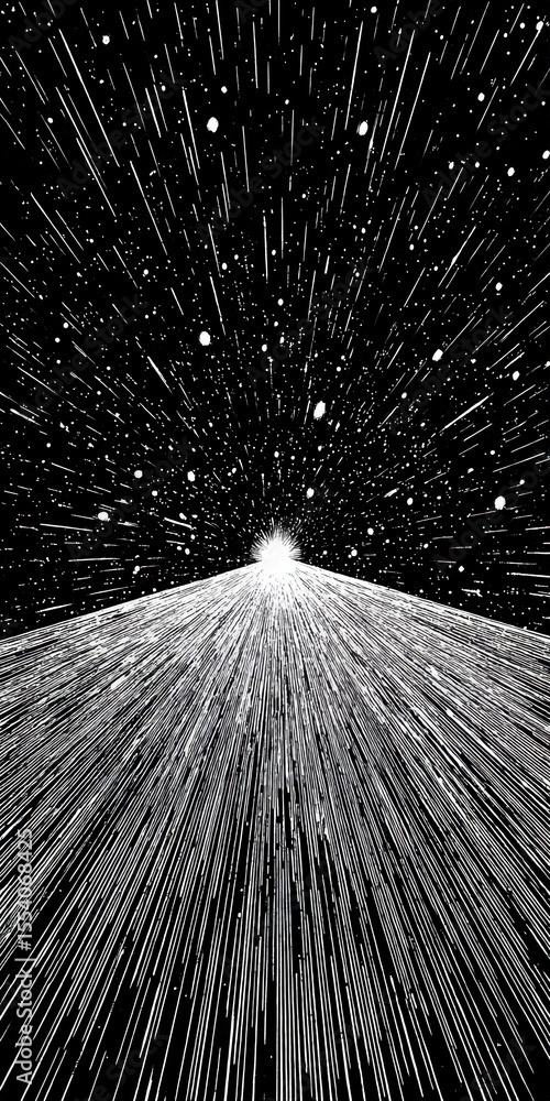 Poster abstract black and white image converging lines towards a bright center surrounded by scattered poin