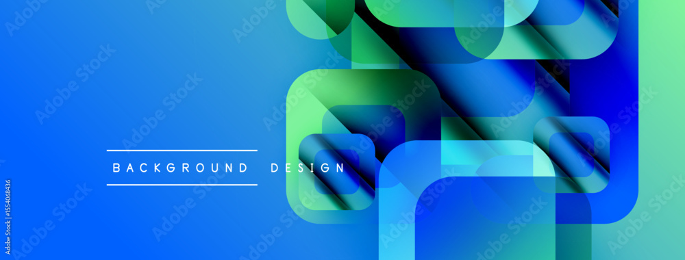 Poster abstract geometric shapes overlap, creating vibrant blue, green gradient. modern design elements sug