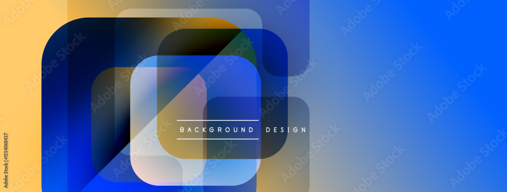 Poster abstract geometric shapes overlap, creating vibrant color gradients. blue, yellow, orange hues domin
